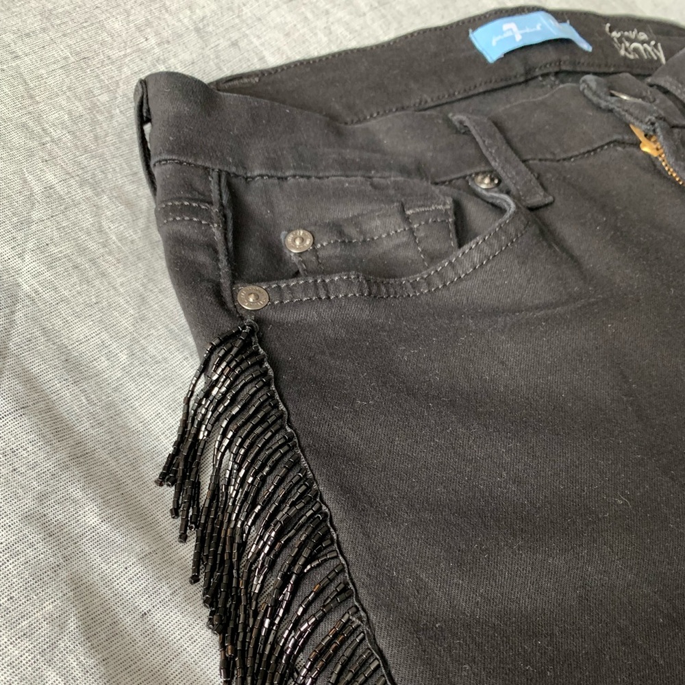 7 For All Mankind B(Air) black beaded fringe ankle jeans.